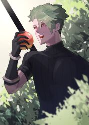 Rule 34 | 1boy, absurdres, achilles (fate), aged down, apple, bishounen, black gloves, black sweater, eyelashes, fate/grand order, fate (series), food, fruit, gloves, green hair, haruakira, highres, holding, holding food, holding fruit, imminent bite, male focus, red apple, red eyes, ribbed sweater, short hair, short sleeves, solo, sweater, teeth, toned, toned male, turtleneck, undercut, upper teeth only