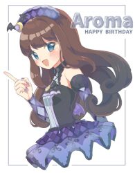 Rule 34 | 1girl, :d, bad id, bad twitter id, bare shoulders, blue eyes, breasts, brown hair, character name, commentary request, crescent, cropped legs, detached sleeves, dress, happy birthday, idol clothes, inactive account, index finger raised, kurosu aroma, long hair, looking at viewer, nail polish, open mouth, pretty series, pripara, purple dress, purple nails, shiyurinpu, small breasts, smile, solo, white background