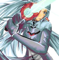 Rule 34 | 1girl, a (xenoblade), armored bodysuit, blue eyes, closed mouth, commentary, core crystal (xenoblade), earrings, eyelashes, grey hair, highres, holding, holding sword, holding weapon, jewelry, kino kk2, long hair, simple background, solo, sword, weapon, white background, xenoblade chronicles (series), xenoblade chronicles 3