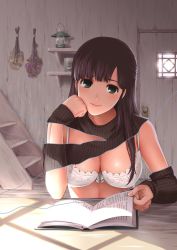Rule 34 | 1girl, blush, book, bow, bra, breasts, clenched hand, domestic na kanojo, door, front-tie top, hand on own cheek, hand on own face, lace, lace-trimmed bra, lace bra, lace trim, lamp, large breasts, light blush, light smile, lingerie, long hair, open book, page tear, revealing layer, ribbed sweater, ribbon, sasuga kei, shade, solo, stairs, sweater, tachibana hina, turtleneck, turtleneck sweater, underwear, white bow, white bra, white ribbon