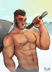 Rule 34 | 1boy, abs, alternate body hair, arm hair, axe, bara, beard, blue eyes, blush, brown hair, chest hair, cowboy shot, cross scar, facial hair, gau (king&#039;s raid), hair slicked back, hairy, highres, holding, holding axe, king&#039;s raid, large hands, large pectorals, long sideburns, looking at viewer, male focus, mature male, mountainous horizon, mrcmgpntay, muscular, muscular male, mustache, navel, navel hair, nipples, over shoulder, pectorals, scar, scar on arm, scar on chest, short hair, sideburns, smile, solo, stomach, thick eyebrows, topless male, undercut, veins, veiny arms, weapon, weapon over shoulder