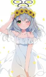 Rule 34 | 1girl, blue archive, blush, closed mouth, collarbone, cowboy shot, dress, flower, frilled dress, frills, green eyes, green halo, grey hair, hair flower, hair ornament, halo, hare (blue archive), highres, long hair, looking at viewer, mochigome (ununquadium), one eye closed, petals, simple background, solo, sundress, sunflower, white background, white dress, x hair ornament, yellow flower
