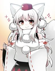 Rule 34 | 1girl, alternate hair length, alternate hairstyle, animal ear fluff, animal ears, black skirt, blush, breasts, closed mouth, commentary, detached sleeves, hat, highres, inubashiri momiji, long hair, looking at viewer, medium breasts, pokopoko ponzu, pom pom (clothes), red eyes, red ribbon, ribbon, ribbon-trimmed sleeves, ribbon trim, shirt, simple background, skirt, smile, solo, sparkle, tail, tokin hat, touhou, turtleneck, very long hair, white hair, white shirt, white sleeves, wolf ears, wolf girl, wolf tail