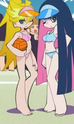 Rule 34 | 10s, ball, blonde hair, blue hair, heart, heart-shaped pupils, highres, holding, holding ball, open mouth, panty &amp; stocking with garterbelt, panty (psg), screencap, sports bra, stitched, stocking (psg), symbol-shaped pupils, third-party edit, toes, visor, volleyball (object)