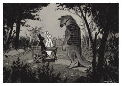 Rule 34 | 3others, androgynous, animal ears, border, bush, chair, commentary, crying, crying with eyes open, dress, forest, from side, furry, furry other, grass, greyscale, high contrast, looking at another, monochrome, multiple others, muzzle, nagabe, nature, original, outdoors, plaid, plaid vest, rabbit, rock, scenery, signature, sitting, standing, table, tail, tears, tree, vest, white border, wolf ears, wolf tail