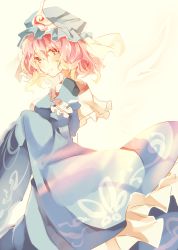 Rule 34 | 1girl, asada sadao, bad id, bad twitter id, blue dress, blush, dress, hat, highres, japanese clothes, long sleeves, looking at viewer, md5 mismatch, mob cap, pink eyes, pink hair, puffy sleeves, resized, saigyouji yuyuko, short hair, simple background, sleeves past wrists, smile, solo, touhou, triangular headpiece, veil, wide sleeves