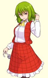 Rule 34 | 1girl, ascot, closed mouth, commentary, frilled ascot, frilled skirt, frills, green hair, highres, kakone, kazami yuuka, long sleeves, looking at viewer, one-hour drawing challenge, open mouth, plaid, plaid skirt, plaid vest, red skirt, red vest, shirt, short hair, simple background, skirt, solo, touhou, umbrella, vest, white shirt, yellow ascot, yellow background