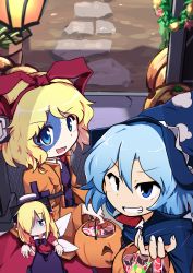 Rule 34 | absurdres, blonde hair, blue eyes, blue hair, candy, cirno, cleaver, collared cape, cosplay, doll, doorway, fairy wings, food, frankenstein&#039;s monster, frankenstein&#039;s monster (cosplay), grin, halloween, halloween costume, halo, hat, highres, jack-o&#039;-lantern, jacket, kanisawa yuuki, lamp, medicine melancholy, open mouth, red ribbon, ribbon, short hair, smile, su-san, touhou, trick or treat, wavy hair, wings, witch hat
