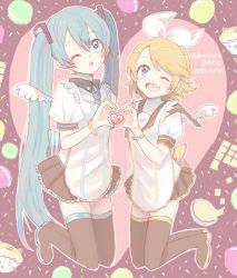 Rule 34 | 2girls, ;d, ;o, angel wings, apron, aqua eyes, aqua hair, bad id, bad pixiv id, black footwear, blonde hair, blue eyes, blush, boots, bow, fang, food, hair bow, hair ornament, hairclip, hatsune miku, heart, heart-shaped pupils, heart hands, highres, kagamine rin, kneehighs, long hair, looking at viewer, macaron, maisa (yumesirororo), mini wings, miniskirt, multiple girls, one eye closed, open mouth, pastry, pleated skirt, short hair, skirt, smile, socks, symbol-shaped pupils, thighhighs, twintails, valentine, very long hair, vocaloid, wings, zettai ryouiki