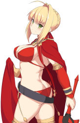 Rule 34 | 1girl, ahoge, ass, bikini, braid, braided bun, breasts, butt crack, cleavage, cloak, cowboy shot, detached sleeves, fate/grand order, fate (series), from side, green eyes, hair bun, hair ribbon, head tilt, holding, holding sword, holding weapon, large breasts, looking at viewer, nero claudius (battle olympia) (fate), nero claudius (fate), nero claudius (fate) (all), nero claudius (swimsuit caster) (fate), red bikini, red cloak, red ribbon, red sleeves, ribbon, shiseki hirame, short hair with long locks, sideboob, sidelocks, simple background, smile, solo, standing, swimsuit, sword, weapon, white background