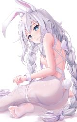 Rule 34 | 1girl, absurdres, animal ear fluff, animal ears, ass, azur lane, blue eyes, braid, clothes pull, fake animal ears, feet, from side, gyuu, highres, le malin (azur lane), le malin (listless lapin) (azur lane), leotard, long hair, looking back, no shoes, official alternate costume, pantyhose, pantyhose pull, pulling own clothes, rabbit ears, rabbit tail, see-through, silver hair, simple background, sitting, soles, solo, tail, thigh strap, thighs, twin braids, twintails, very long hair, white background, white leotard, white pantyhose