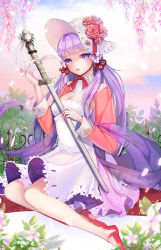 Rule 34 | 1girl, bad id, bad pixiv id, bonnet, dress, emyo, flower, hair flower, hair ornament, hair ribbon, holding, holding sword, holding weapon, long hair, long sleeves, looking at viewer, petals, pintail (sword girls), purple eyes, purple hair, ribbon, sheath, sheathed, shoes, sitting, solo, sword, sword girls, weapon, white dress