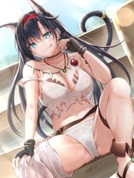 Rule 34 | 1girl, :q, absurdres, animal ear fluff, animal ears, aqua eyes, arknights, bare arms, bare shoulders, bikini, black gloves, black hair, blaze (arknights), blush, breasts, brown choker, brown footwear, cat ears, cat girl, cat tail, choker, cleavage, closed mouth, collarbone, day, extra ears, feet out of frame, fingerless gloves, glint, gloves, hairband, hand on own knee, hand up, highres, jewelry, large breasts, lens flare, long hair, looking at viewer, navel, necklace, official alternate costume, outdoors, red hairband, sandals, single thighhigh, sitting, smile, solo, spread legs, strap slip, swimsuit, tail, tail ornament, tail ring, thigh strap, thighhighs, tongue, tongue out, very long hair, wet, wet clothes, white bikini, white thighhighs, yukinoshiro