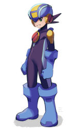 Rule 34 | 1boy, arms at sides, artist name, black bodysuit, black hair, blue footwear, blue headwear, bodysuit, boots, clenched hands, commentary request, covered collarbone, covered navel, dated, full body, green eyes, grey background, helmet, highres, looking to the side, male focus, mega man (series), mega man battle network, mega man battle network (series), megaman.exe, netnavi, short hair, simple background, smile, solo, standing, twitter username, zero-go