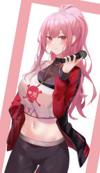 Rule 34 | 1girl, bare shoulders, black pants, breasts, cowboy shot, crop top, crop top overhang, earrings, fishnets, highres, holding, hololive, hololive english, hoop earrings, jacket, jewelry, long hair, long sleeves, looking at viewer, medium breasts, microphone, midriff, mori calliope, mori calliope (streetwear), nail polish, navel, necklace, off shoulder, official alternate costume, open clothes, open jacket, pants, pink eyes, pink hair, ponytail, red jacket, ru zhai, shirt, sleeveless, sleeveless shirt, smile, solo, standing, stomach, virtual youtuber, white shirt