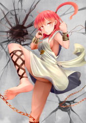 Rule 34 | 1girl, ahoge, ankle lace-up, barefoot, breasts, chain, clenched hands, crack, cross-laced footwear, cuffs, feet, fighting stance, highres, irohara, leg lift, magi the labyrinth of magic, morgiana, no panties, red eyes, red hair, short hair, side ponytail, sideboob, soles, solo, standing, standing on one leg, toes