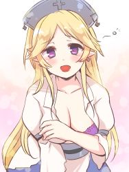 Rule 34 | 1girl, :d, blonde hair, blush, bra, breasts, cleavage, collarbone, cross, dress, earrings, grey hat, gucchiann, hat, heart, heart-shaped pupils, highres, jewelry, long hair, long sleeves, looking at viewer, medium breasts, nurse, nurse cap, open mouth, parted bangs, pointy ears, princess connect!, purple bra, purple eyes, smile, solo, symbol-shaped pupils, underwear, undressing, very long hair, white dress, wide sleeves, yukari (princess connect!)