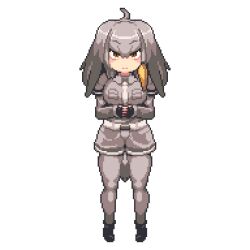 Rule 34 | 1girl, ahoge, bird tail, bird wings, black footwear, black gloves, black hair, bodystocking, breast pocket, breasts, closed mouth, collared shirt, commentary request, expressionless, fingerless gloves, full body, gloves, grey hair, grey shirt, grey shorts, hair between eyes, head wings, kemono friends, large breasts, long hair, looking at viewer, midoribox, multicolored hair, necktie, own hands together, pixel art, pocket, shirt, shoebill (kemono friends), shoes, short sleeves, shorts, sidelocks, simple background, solo, standing, straight-on, tail, transparent background, white necktie, wings, yellow eyes