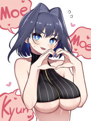 Rule 34 | 1girl, absurdres, bare shoulders, blue eyes, blue hair, blue nails, blush, bow, bow earrings, breasts, bright pupils, collarbone, crop top, dark blue hair, earrings, fang, hair intakes, heart, heart hands, highres, hiroikara (smhong04), hololive, hololive english, jewelry, large breasts, looking at viewer, medium hair, moe moe kyun!, nail polish, open mouth, ouro kronii, ouro kronii (1st costume), pinstripe pattern, romaji text, simple background, smile, solo, speech bubble, striped, underboob, upper body, virtual youtuber, white background, zipper, zipper pull tab