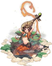 Rule 34 | 1girl, arms up, azur lane, breasts, brown hair, chinese clothes, gauntlets, hai chi (a dance among the lotuses) (azur lane), hai chi (azur lane), hair ornament, highres, holding, holding instrument, instrument, jewelry, kinjo kuromomo, lily pad, looking at viewer, midriff, navel, official alternate costume, official art, open mouth, red eyes, small breasts, transparent background, water