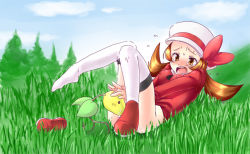 Rule 34 | 00s, 1girl, bellsprout, blush, bottomless, covered erect nipples, creatures (company), cunnilingus, game freak, gen 1 pokemon, hand on another&#039;s head, lyra (pokemon), nintendo, no shoes, oral, pokemon, pokemon (creature), pokemon hgss, pussy juice, sweat, tears, thighhighs