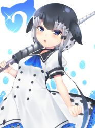 Rule 34 | 10s, 1girl, animal ears, bad id, bad twitter id, black hair, blue eyes, blush, breasts, dress, frilled dress, frills, grey hair, highres, holding, holding weapon, japari symbol, kemono friends, looking at viewer, multicolored hair, narwhal (kemono friends), navy (navy.blue), open mouth, puffy short sleeves, puffy sleeves, sailor collar, sailor dress, short hair with long locks, short sleeves, small breasts, solo, teeth, two-tone hair, weapon, white dress
