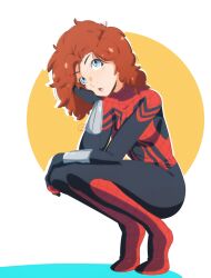 Rule 34 | 1girl, :o, aged up, animification, black bodysuit, black gloves, blue eyes, bodysuit, bracer, brown hair, gloves, hand on own cheek, hand on own face, highres, marvel, mayday parker, medium hair, open mouth, red bodysuit, solo, spider-girl, spider-man: across the spider-verse, spider-man (series), spider-verse, spider web print, squatting, thejg, two-tone bodysuit
