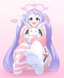 Rule 34 | 1girl, absurdres, blue archive, breasts, foot focus, hanae (blue archive), hat, highres, hug, large breasts, looking at viewer, miyamegane, nurse cap, pink background, purple hair, rabbit, sitting, smile, solo, thighhighs, twintails, white thighhighs