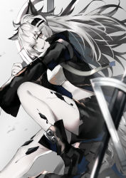 Rule 34 | 1girl, amagasa yun, animal ears, arknights, black footwear, black shorts, commentary request, grey background, grey eyes, grey hair, highres, jacket, lappland (arknights), long hair, long sleeves, looking at viewer, material growth, open mouth, oripathy lesion (arknights), pale skin, scar, scar across eye, scar on face, shorts, sitting, solo, wolf ears