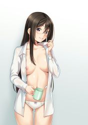 Rule 34 | 1girl, :d, black hair, blush, breasts, breasts apart, collarbone, collared shirt, cowboy shot, cup, dress shirt, glasses, gluteal fold, gradient background, grey background, hair between eyes, head tilt, highres, holding, holding cup, jakelian, long hair, long sleeves, looking at viewer, medium breasts, navel, nipple slip, nipples, no bra, open clothes, open mouth, open shirt, original, panties, parted lips, purple eyes, revision, shirt, smile, solo, standing, thighs, toothbrush, unbuttoned, unbuttoned shirt, underwear, white panties, wing collar