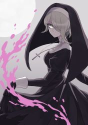 Rule 34 | 1girl, :o, black dress, blood, breasts, center frills, closed mouth, commentary request, cross, cross necklace, danganronpa (series), danganronpa v3: killing harmony, dress, frills, from side, gloves, green eyes, grey background, grey hair, habit, hair over one eye, holding, jewelry, juliet sleeves, long sleeves, looking at viewer, medium breasts, necklace, nun, pink blood, puffy sleeves, rinka (rinka0912), short hair, skirt hold, solo, tojo kirumi, white background