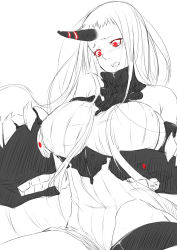 Rule 34 | 10s, 1girl, abyssal ship, bare shoulders, breasts, detached sleeves, dress, highres, horns, i-class destroyer, kantai collection, large breasts, long hair, monochrome, niwatazumi, red eyes, ribbed dress, ro-class destroyer, seaport princess, short dress, sideboob, simple background, single horn, spot color, tears