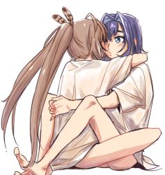 Rule 34 | 2girls, ahoge, arms around neck, arms around waist, bare legs, barefoot, blue eyes, blue hair, bottomless, brmameng, brown hair, face-to-face, feather hair ornament, feathers, hair intakes, hair ornament, highres, hololive, hololive english, hug, leg lock, long hair, multicolored hair, multiple girls, nanashi mumei, ouro kronii, oversized clothes, ponytail, pursed lips, shirt, short hair, sidelocks, streaked hair, very long hair, virtual youtuber, white shirt, yuri