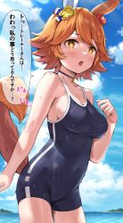 Rule 34 | + +, 1girl, absurdres, animal ears, bare arms, bare legs, bare shoulders, beach, blue one-piece swimsuit, blue sky, blush, breasts, choker, cloud, clover hair ornament, collarbone, competition school swimsuit, covered navel, cowboy shot, daruma doll, day, ear covers, embarrassed, from side, hair ornament, highres, horse ears, horse girl, horse tail, jewelry, looking at viewer, matikanefukukitaru (umamusume), medium breasts, mikumo (lpmkookm), ocean, one-piece swimsuit, open mouth, orange eyes, orange hair, outdoors, school swimsuit, short hair, single ear cover, sky, solo, swept bangs, swimsuit, symbol-shaped pupils, tail, thighs, umamusume, water, wet