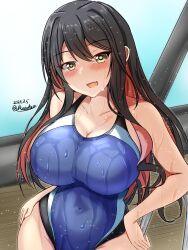 Rule 34 | 1girl, absurdres, black hair, black one-piece swimsuit, blue one-piece swimsuit, blush, breasts, colored inner hair, competition swimsuit, dated, day, destroyer, highleg, highleg swimsuit, highres, impossible clothes, impossible swimsuit, indoors, kantai collection, large breasts, long hair, military, military vehicle, montemasa, multicolored clothes, multicolored hair, multicolored swimsuit, naganami (kancolle), one-hour drawing challenge, one-piece swimsuit, open mouth, pink hair, pool ladder, rei no pool, ship, smile, solo, swimsuit, twitter username, two-tone hair, two-tone swimsuit, warship, watercraft, wet, wet clothes, wet swimsuit, window, yellow eyes