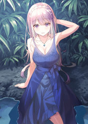 Rule 34 | 1girl, arm behind head, arm support, arm up, armpits, bare arms, bare shoulders, blue dress, braid, breasts, cleavage, collarbone, dress, french braid, highres, jewelry, koh rd, large breasts, long hair, looking at viewer, nature, necklace, original, outdoors, parted lips, plant, purple eyes, silver hair, sitting, sleeveless, sleeveless dress, solo, water