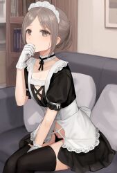 Rule 34 | 1boy, black panties, black ribbon, black thighhighs, blush, book, bookshelf, brown eyes, bulge, collarbone, commentary, couch, cowboy shot, crossdressing, detached collar, gloves, hand on own face, hand up, indoors, light brown hair, looking at viewer, maid, maid headdress, navel, on couch, original, panties, parted bangs, pillow, ponytail, ribbon, short hair, short sleeves, sidelocks, sitting, sunaba (nczd5875), thighhighs, trap, underwear, white gloves