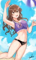 Rule 34 | 1girl, ashigara (kancolle), bad id, bad twitter id, ball, beach volleyball, bikini, blue sky, brown eyes, brown hair, cloud, commentary request, day, fang, hairband, highres, kantai collection, long hair, mismatched bikini, miyako (rgrayt), motion blur, one-hour drawing challenge, open mouth, outdoors, playing sports, signature, sky, solo, sports bikini, swimsuit, volleyball, volleyball (object), wavy hair