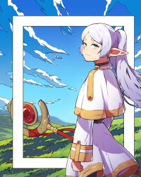 Rule 34 | 1girl, blue sky, border, capelet, closed mouth, cloud, cloudy sky, earrings, frieren, from behind, green eyes, highres, holding, holding staff, jewelry, landscape, light smile, long hair, long sleeves, looking at viewer, looking back, outdoors, outside border, pointy ears, ponytail, reisonant, sky, solo, sousou no frieren, staff, white border, white capelet, white hair