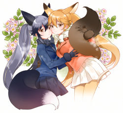 Rule 34 | 10s, 2girls, :o, alternate hairstyle, animal ears, bad id, bad pixiv id, black bow, black bowtie, black gloves, black necktie, black skirt, blazer, blonde hair, blue jacket, blush, bow, bowtie, breasts, brown eyes, cheek-to-cheek, cowboy shot, cropped legs, eyebrows, eyelashes, ezo red fox (kemono friends), floral background, flower, fox ears, fox tail, from side, fumako, fur-trimmed sleeves, fur trim, gloves, gradient hair, gradient legwear, grey hair, hair between eyes, hand on another&#039;s hip, heads together, holding tail, jacket, kemono friends, leaf, long hair, long sleeves, looking at viewer, medium breasts, multicolored clothes, multicolored hair, multicolored legwear, multiple girls, necktie, open mouth, orange jacket, outline, pantyhose, pink flower, pleated skirt, silver fox (kemono friends), skirt, smile, tail, tsurime, twintails, two-tone hair, two-tone legwear, very long hair, white background, white bow, white bowtie, white hair, white legwear, white outline, yellow legwear, yellow necktie, yuri