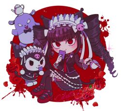 Rule 34 | 1girl, black bow, black jacket, black nails, black skirt, black thighhighs, blunt bangs, blush, bong (0u0bon), bow, cat, celestia ludenberg, character name, commentary, copyright request, cup, danganronpa: trigger happy havoc, danganronpa (series), drill hair, earrings, flower, frilled skirt, frills, gothic lolita, hair ornament, holding, holding cup, jacket, jewelry, kuromi, layered skirt, lolita fashion, long sleeves, looking at viewer, nail polish, necktie, onegai my melody, open clothes, open jacket, over-kneehighs, red background, red eyes, red flower, red footwear, red necktie, red rose, rose, sanrio, shoes, skirt, smile, solo, sparkle, spilling, symbol-only commentary, thighhighs, twin drills, white background