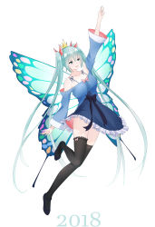 Rule 34 | 1girl, absurdres, aqua eyes, aqua hair, black thighhighs, blush, breasts, butterfly wings, dress, full body, hair ornament, hatsune miku, hatsune miku (vocaloid4) (chinese), highres, insect wings, long hair, open mouth, skirt, thighhighs, twintails, very long hair, vocaloid, white background, wings, youngpeak