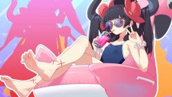 Rule 34 | 1girl, barefoot, black hair, diein (djmax), djmax, djmax respect, drinking straw, feet, horns, long hair, looking at viewer, one-piece swimsuit, soles, sunglasses, swimsuit, toes, twintails, v, yellow eyes