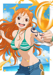 Rule 34 | 1girl, bare shoulders, bikini, bikini top only, birthday, blue pants, blue sky, border, bracelet, breasts, brown eyes, cleavage, cloud, cloudy sky, commentary request, cup, denim, drinking glass, earrings, food, fruit, green bikini, hands up, highres, holding, holding cup, horizon, jeans, jewelry, juice, log pose, long hair, looking at viewer, mandarin orange, medium breasts, midriff, nami (one piece), navel, ocean, official art, one piece, open mouth, orange (fruit), orange hair, orange juice, orange slice, outdoors, outside border, pants, pearl earrings, pink nails, shoulder tattoo, single sidelock, sky, solo, swimsuit, tattoo, teeth, upper teeth only, white border