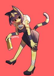 Rule 34 | 1girl, absurdres, animal crossing, animal ears, ankha (animal crossing), armlet, artist name, bandaged leg, bandages, bare shoulders, bent over, black dress, black eyes, black footwear, blonde hair, blue hair, blunt bangs, body fur, breasts, cat ears, cat girl, cat tail, dress, female focus, full body, fur collar, furry, furry female, gilmang, gold, gold bar, hair ornament, hairband, hand up, high heels, highres, holding, leaning forward, legs apart, looking to the side, medium breasts, multicolored hair, nintendo, open mouth, red background, shoes, short hair, sidelocks, signature, simple background, sleeveless, sleeveless dress, snake hair ornament, solo, standing, tail, two-tone hair, yellow fur, yellow hairband