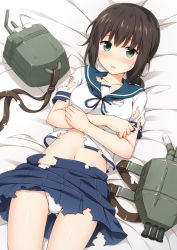 Rule 34 | 10s, 1girl, :o, bad id, bad pixiv id, bed sheet, belt, beret, black hair, blouse, blue ribbon, blue skirt, blush, bra, breasts, broken, buckle, clothes lift, covering privates, cowboy shot, damaged, embarrassed, eyebrows, fubuki (kancolle), gluteal fold, green eyes, hair tie, hat, highres, kantai collection, looking at viewer, low ponytail, lying, medium breasts, midriff, miniskirt, nakamura sumikage, navel, neck ribbon, on back, on bed, panties, pleated skirt, ponytail, ribbon, school uniform, self hug, serafuku, shirt, short ponytail, short sleeves, sidelocks, skirt, skirt lift, small breasts, solo, stomach, tears, torn clothes, torn shirt, torn skirt, turret, underwear, white bra, white panties, white shirt