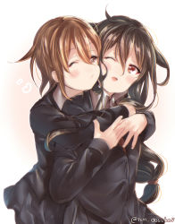 Rule 34 | 2girls, bad id, bad pixiv id, black hair, black legwear, blazer, blush, brown eyes, brown hair, collared shirt, closed eyes, hair between eyes, hatsushimo (kancolle), hug, hug from behind, jacket, juurouta, kantai collection, long hair, looking at another, looking to the side, low-tied long hair, multiple girls, necktie, open mouth, pleated skirt, red eyes, red neckwear, school uniform, shirt, short hair, skirt, surprised, twitter username, wakaba (kancolle), white background