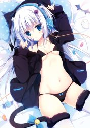 Rule 34 | 1girl, animal ears, animal hood, bed sheet, black bra, black panties, black sweater, blue bow, blue eyes, blue hairband, bow, bow panties, bra, breasts, candy, cardigan, cat hood, cat tail, collarbone, cowboy shot, fake animal ears, food, from above, fur trim, hair between eyes, hairband, headphones, highres, holding, hood, hooded sweater, lollipop, long hair, looking at viewer, lying, on back, open cardigan, open clothes, original, panties, parted lips, ringonotane, sideboob, silver hair, small breasts, solo, sweater, tail, tail bow, tail ornament, thighhighs, underwear, white thighhighs