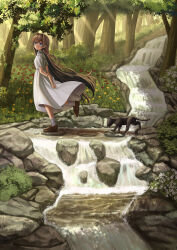 Rule 34 | 1girl, absurdres, arms behind back, black cat, blue eyes, brown hair, cat, day, dress, forest, grabbing own arm, grass, hair intakes, highres, long hair, looking at viewer, nature, original, outdoors, silvertsuki, solo, tree, walking, water, waterfall, white dress