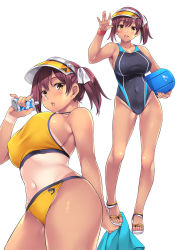 Rule 34 | 1girl, arm at side, bare legs, bare shoulders, bikini, black one-piece swimsuit, blue one-piece swimsuit, blush, breasts, brown hair, collarbone, competition swimsuit, contrapposto, covered navel, cowboy shot, eyebrows, eyelashes, fingernails, hair between eyes, hair ribbon, hand up, highleg, highleg swimsuit, highres, holding, holding towel, large breasts, legs, long hair, looking at viewer, mizuhara yuu, multiple views, nail polish, non-web source, one-piece swimsuit, one-piece tan, open mouth, original, pink nails, ribbon, sandals, sideboob, simple background, smile, sports bikini, standing, swimsuit, tan, tanline, toenail polish, toenails, toes, towel, twintails, visor cap, white background, white ribbon, wide hips, yellow bikini, yellow eyes